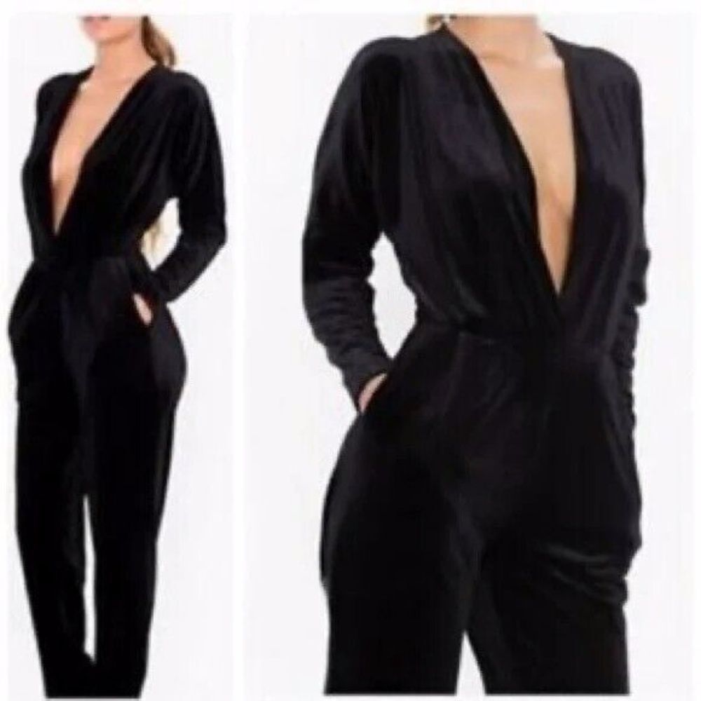 American Apparel Black Adelyn Deep V-Neck Velvet Jumpsuit Size S